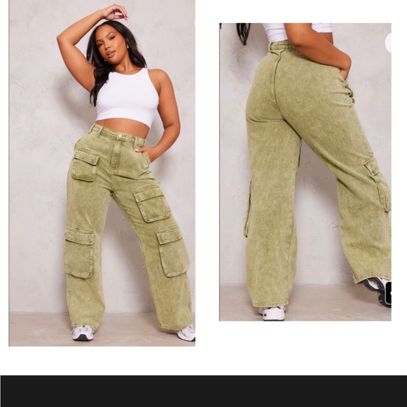 Pretty Little Thing Plus Khaki Cargo Denim Jeans *NEW* SIZE 18 (UK SZ 22) - Picture 1 of 4